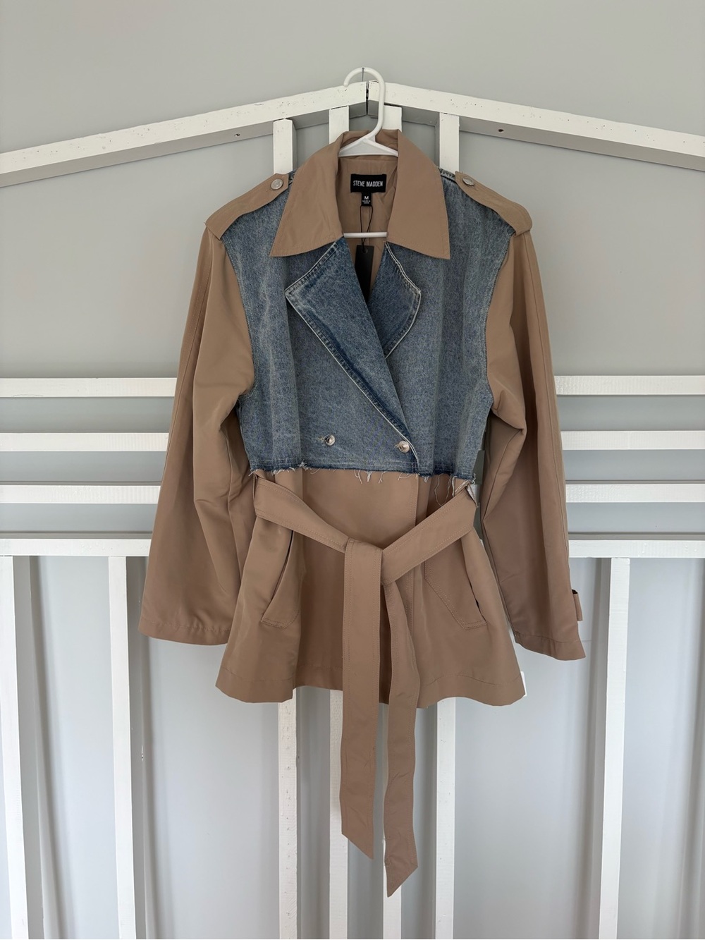 Steve Madden Denim Trench Jacket Mixed Media Belted NWT Size M